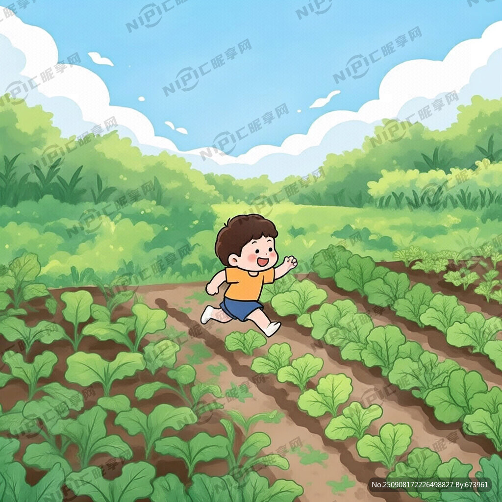 卡通 菜田 小孩奔跑在大田中