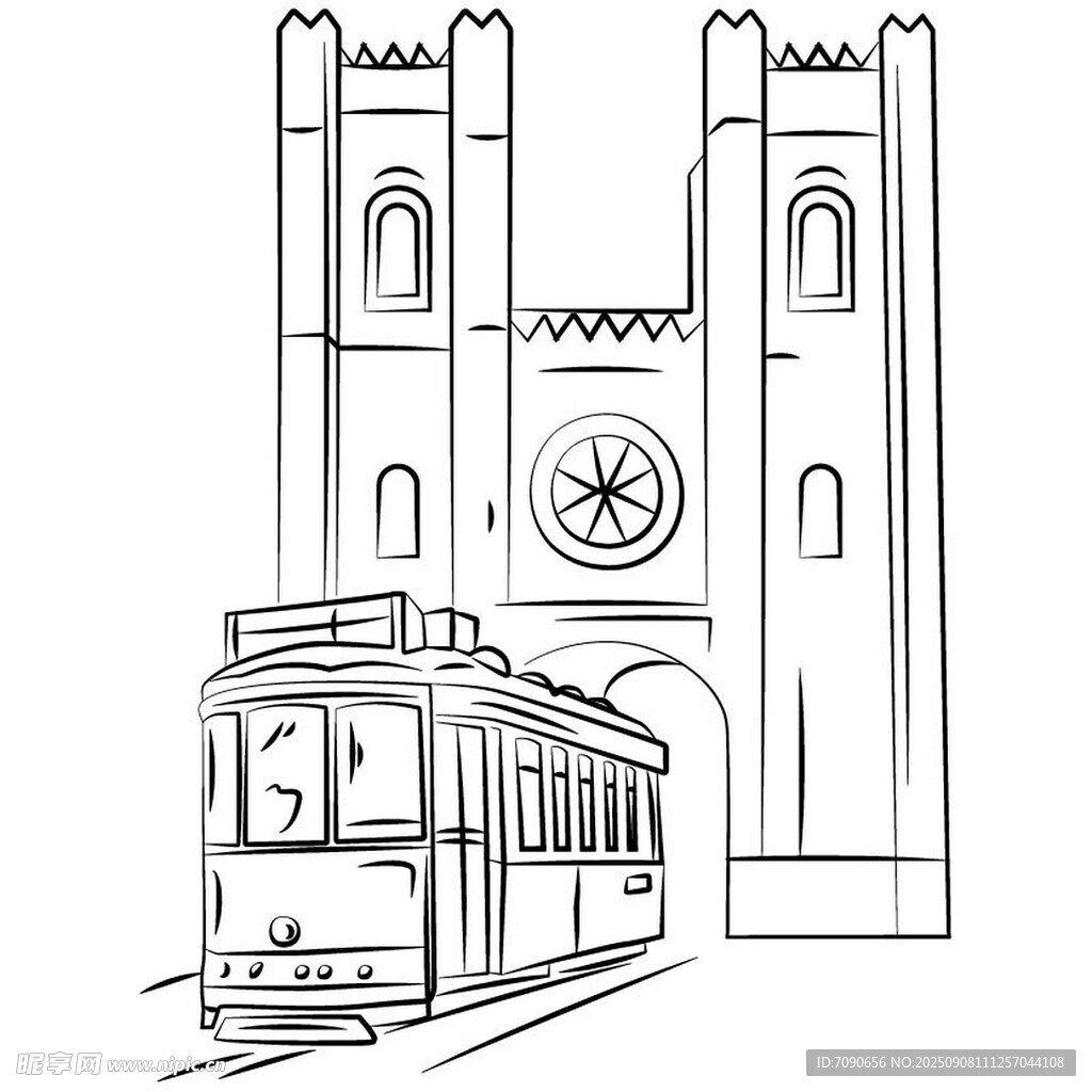 復(fù)古電車與鐘樓建筑線條畫