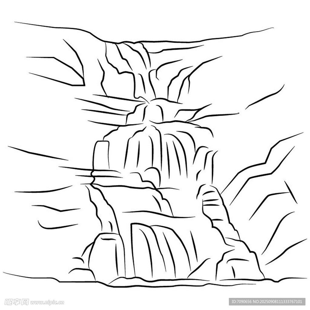 手繪線條風(fēng)山間瀑布景觀