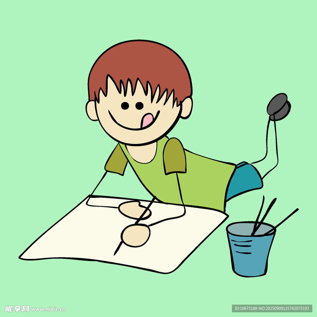 小孩趴著開心畫畫場景