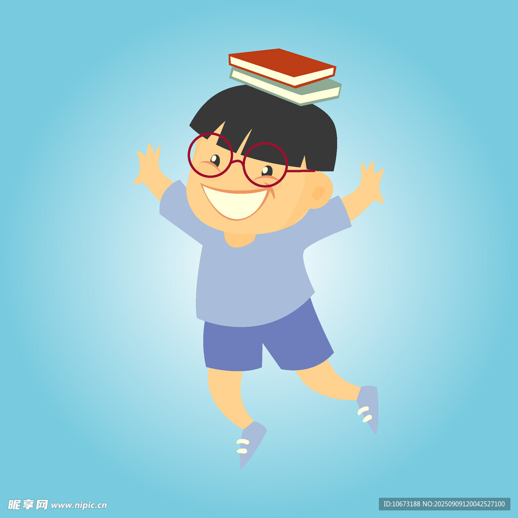 快樂(lè)男孩頭頂書(shū)本跳躍