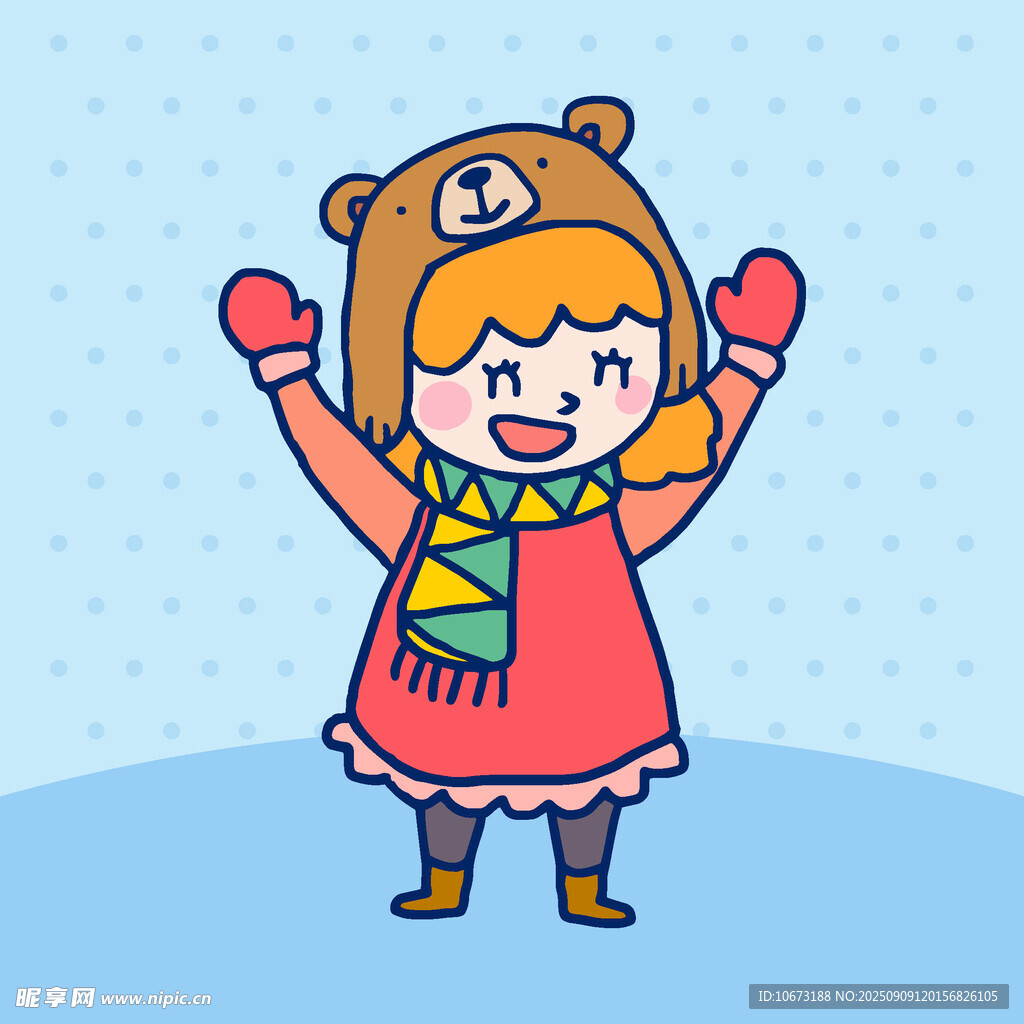 戴熊帽的歡樂冬日小女孩