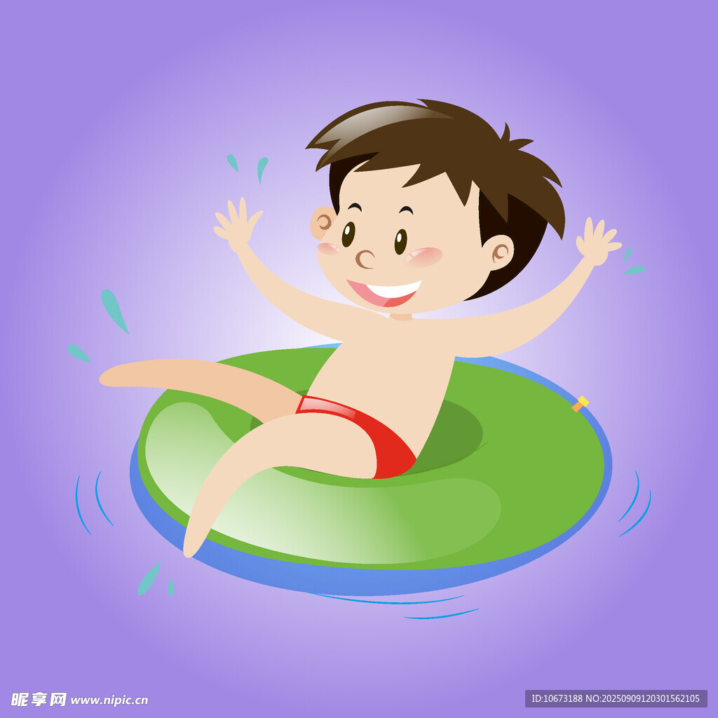 男孩快樂(lè)地漂浮在游泳圈上