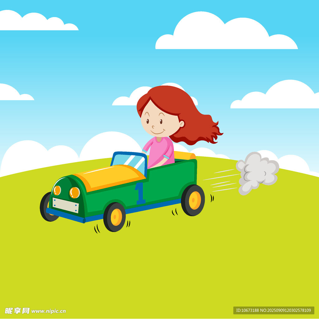 女孩駕駛玩具車在戶外