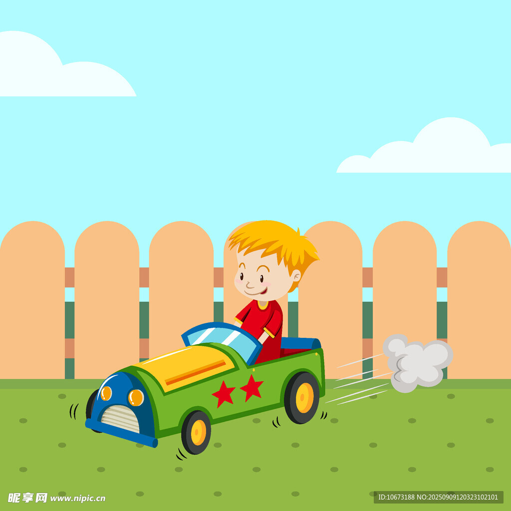 小男孩駕駛玩具車在草地
