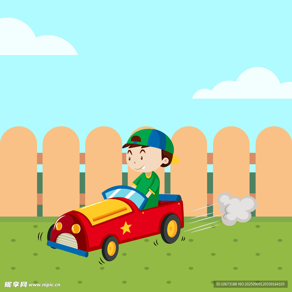 男孩駕駛紅色玩具車玩耍