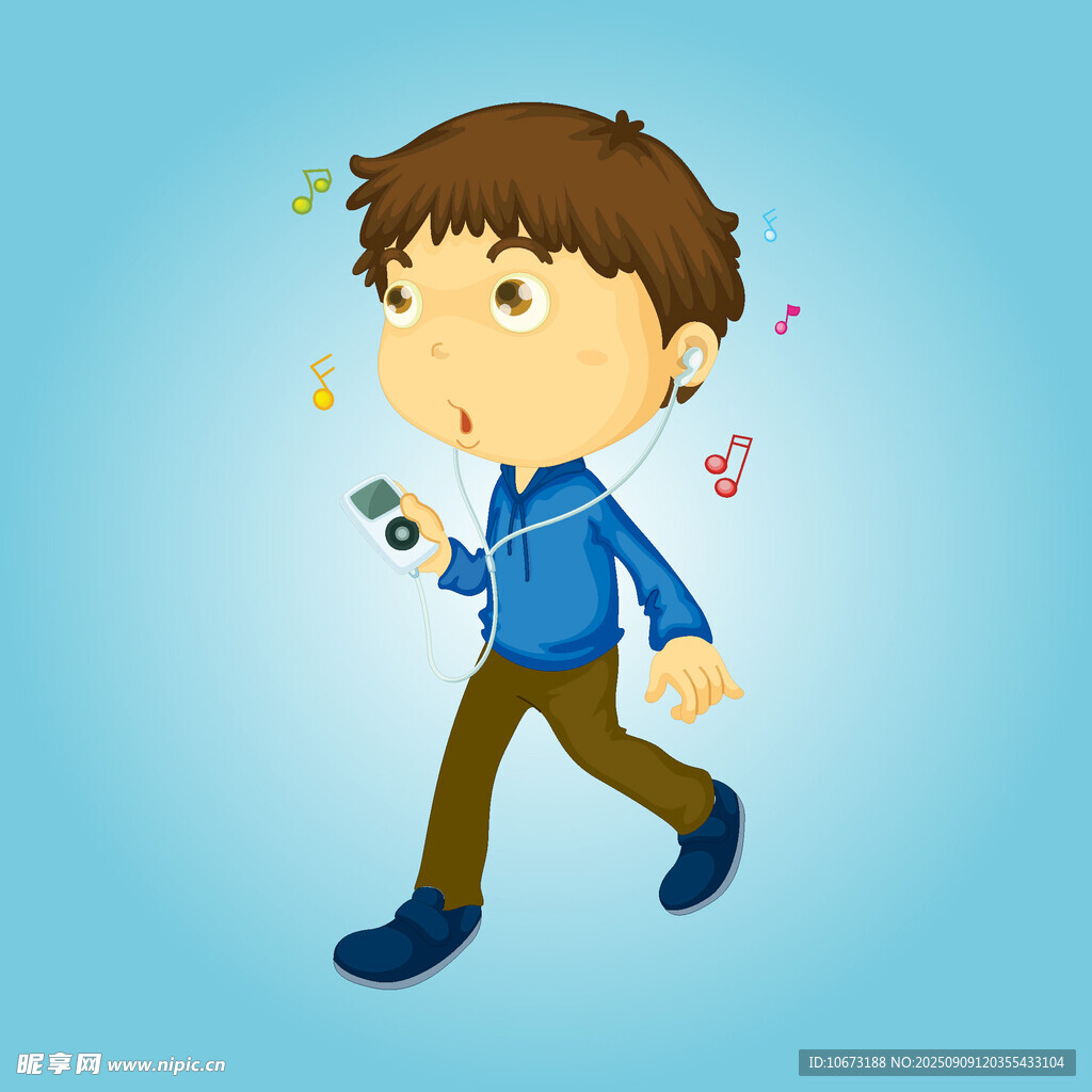 男孩邊走邊開心聽音樂(lè)