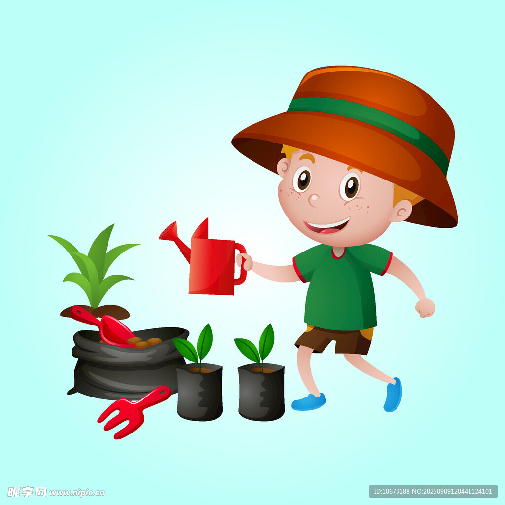 小男孩開心澆花種綠植
