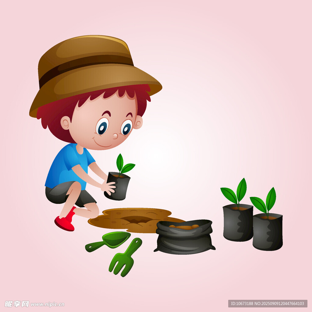 小孩專注栽種小綠植