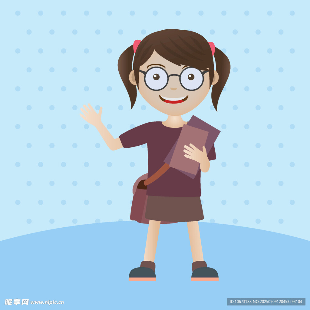 戴眼鏡的可愛女孩打招呼