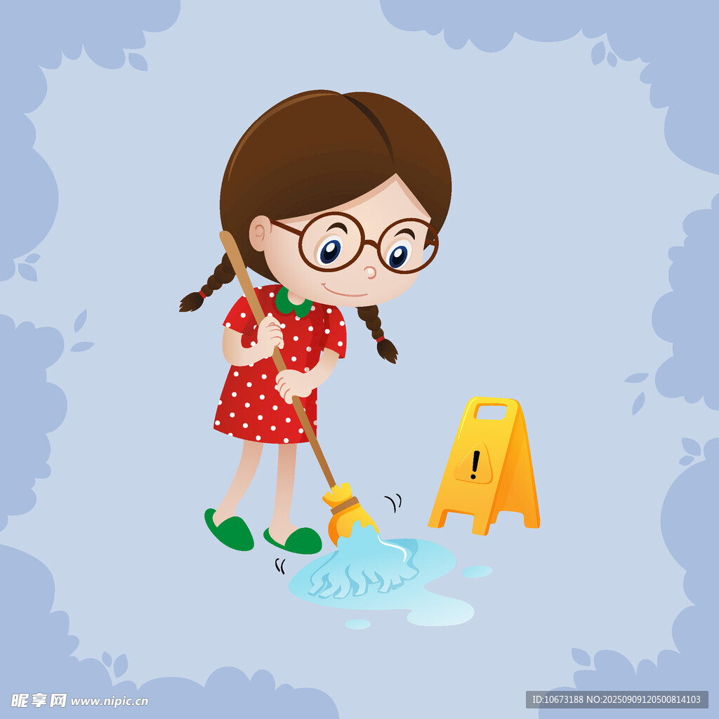 女孩手持掃帚認真搞清潔