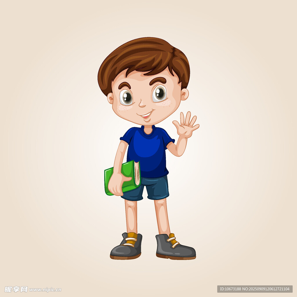 拿書揮手的小男孩
