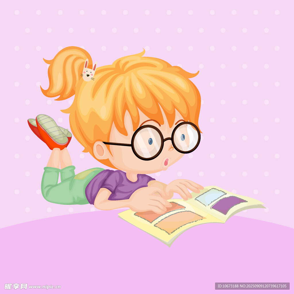 小女孩趴著專注看書