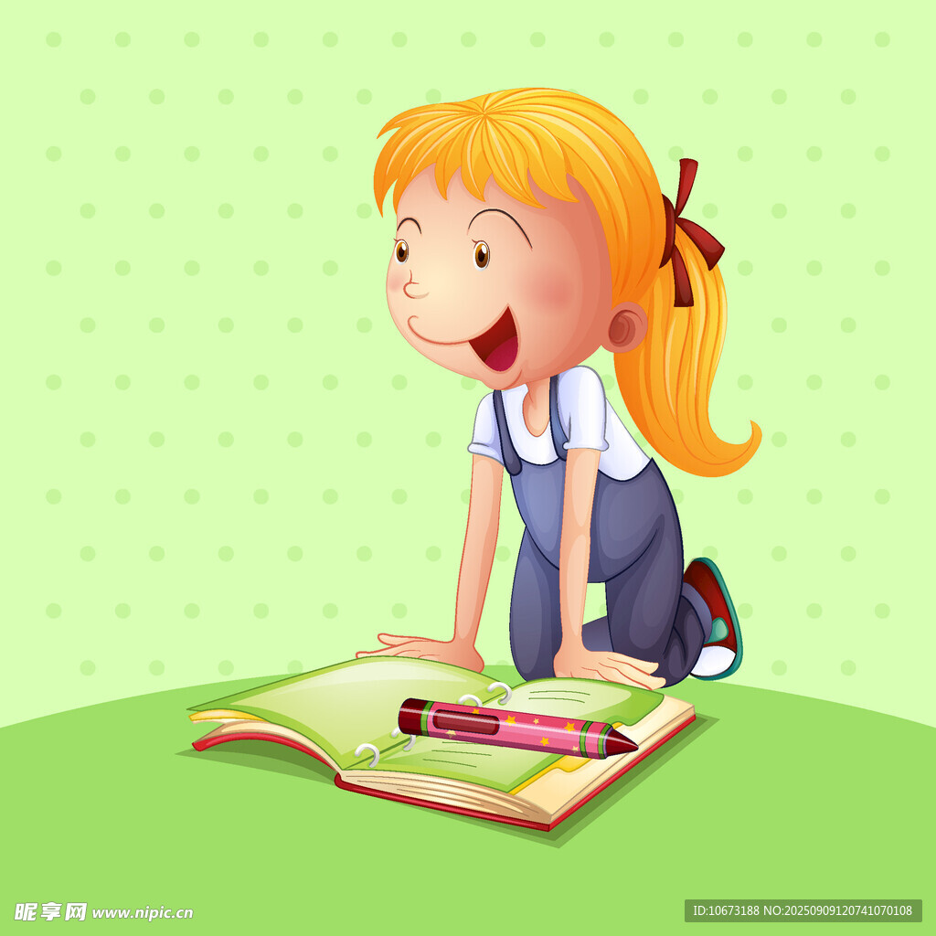 小女孩開心地趴在書本旁