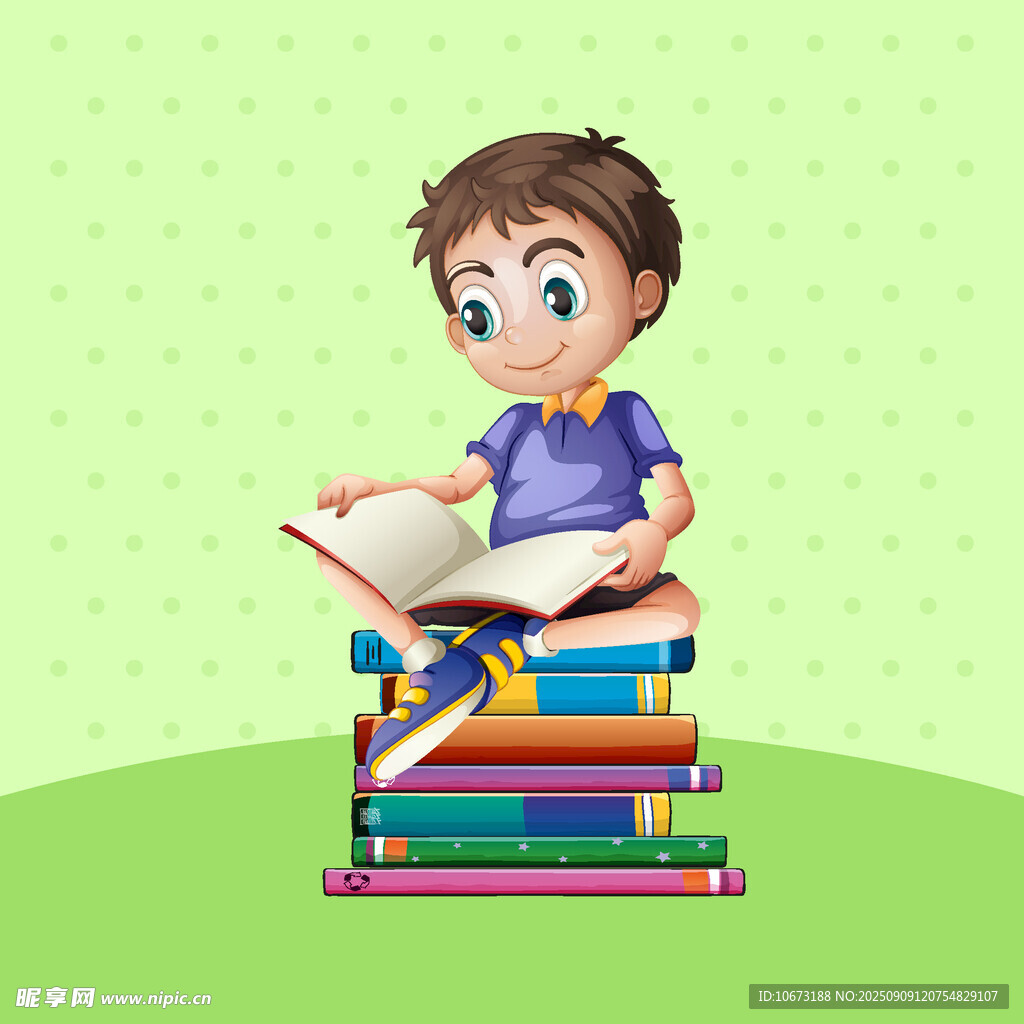 小男孩坐在書堆上閱讀