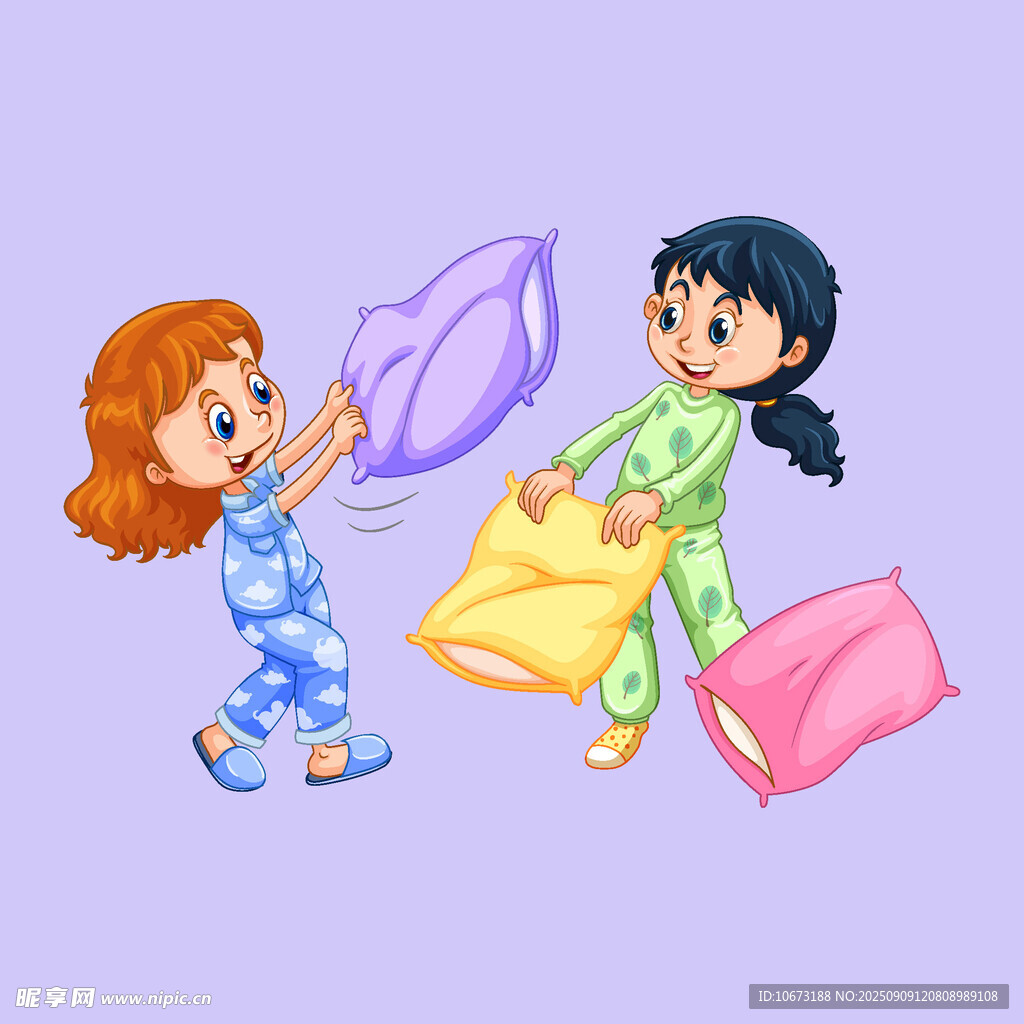 兩個女孩歡樂玩枕頭大戰(zhàn)