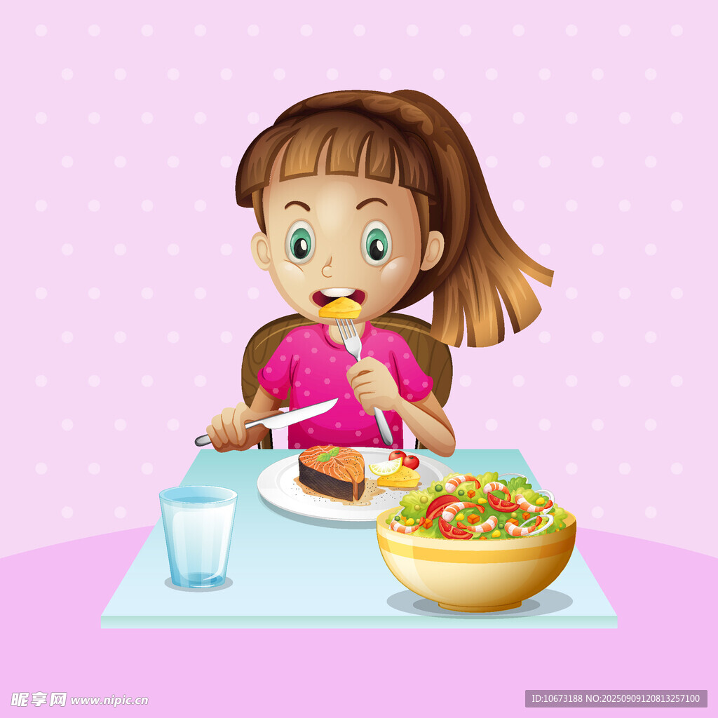 小女孩開(kāi)心享用美味餐食