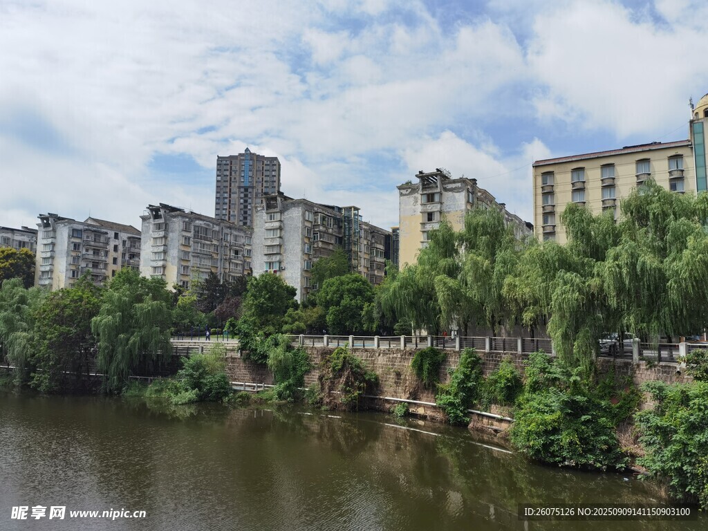 河畔城市風(fēng)光綠樹伴建筑