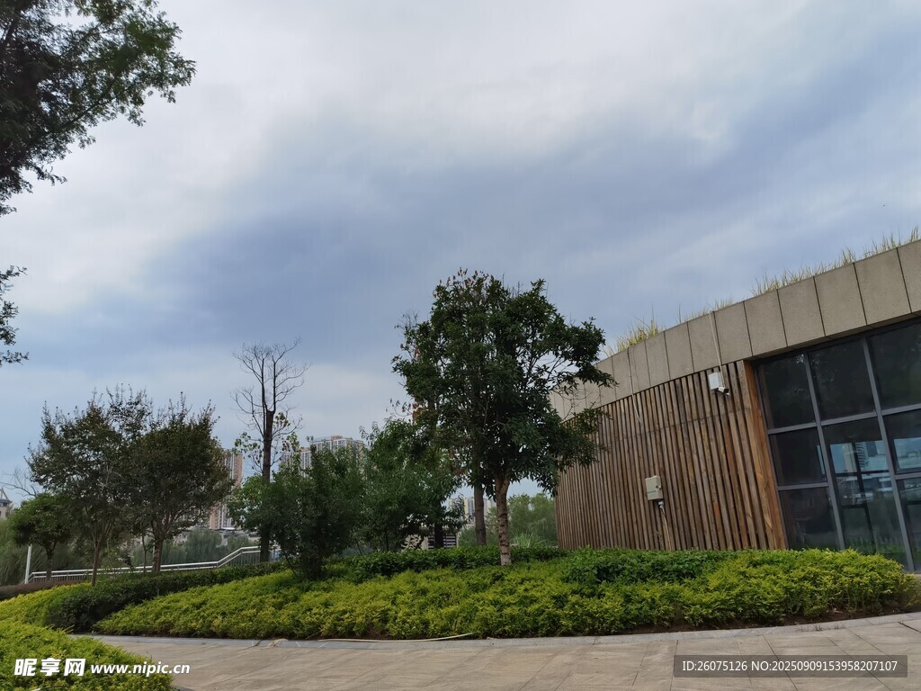現(xiàn)代建筑旁的綠植景觀