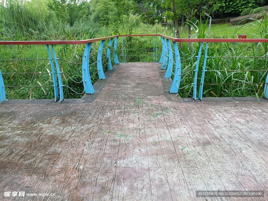藍色護欄的林間步道