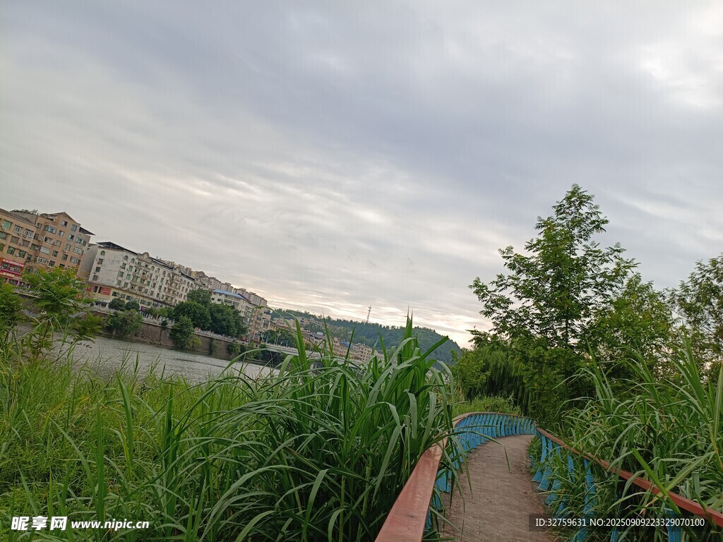 河畔小徑旁的綠植與建筑
