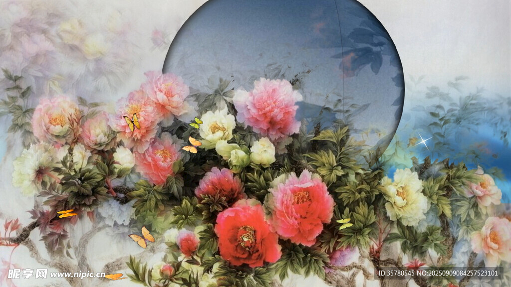 多彩花卉與圓形鏡面組合