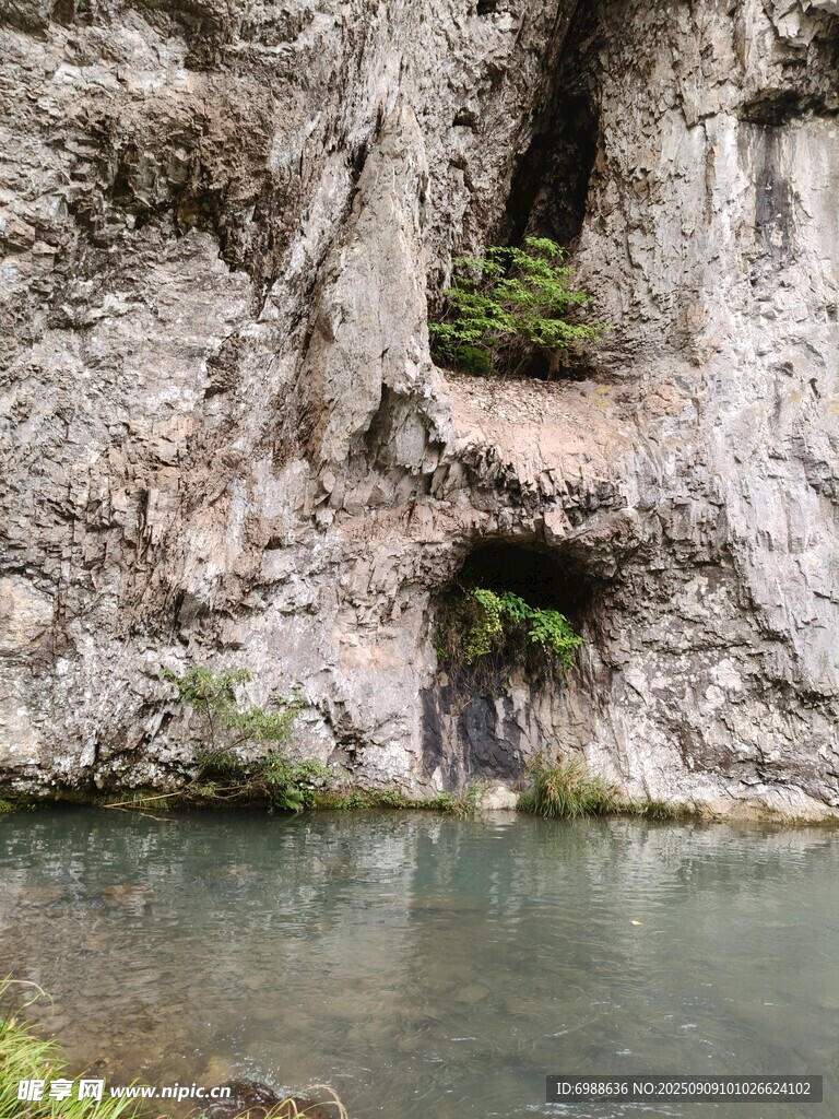 山間幽潭峭壁綠植相伴