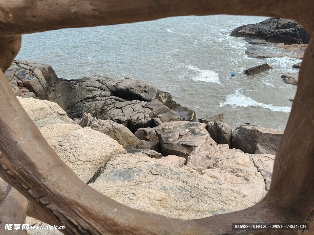 透過(guò)樹(shù)枝看海邊巖石