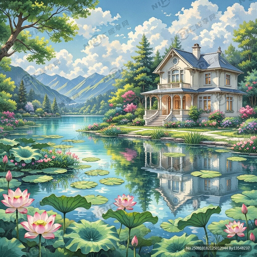 湖景    手繪風景畫    