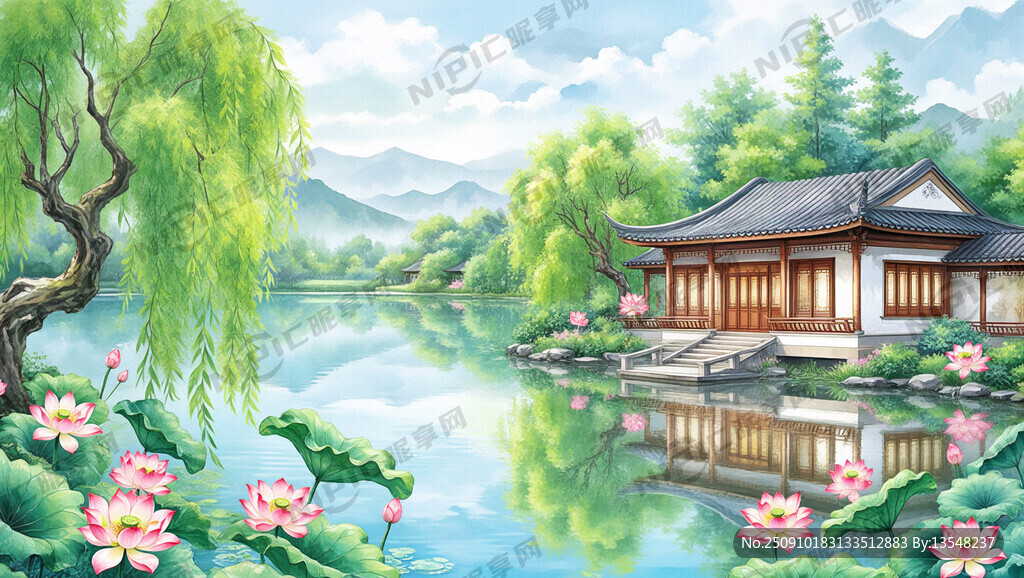 湖景 手繪風景畫 別墅  荷花