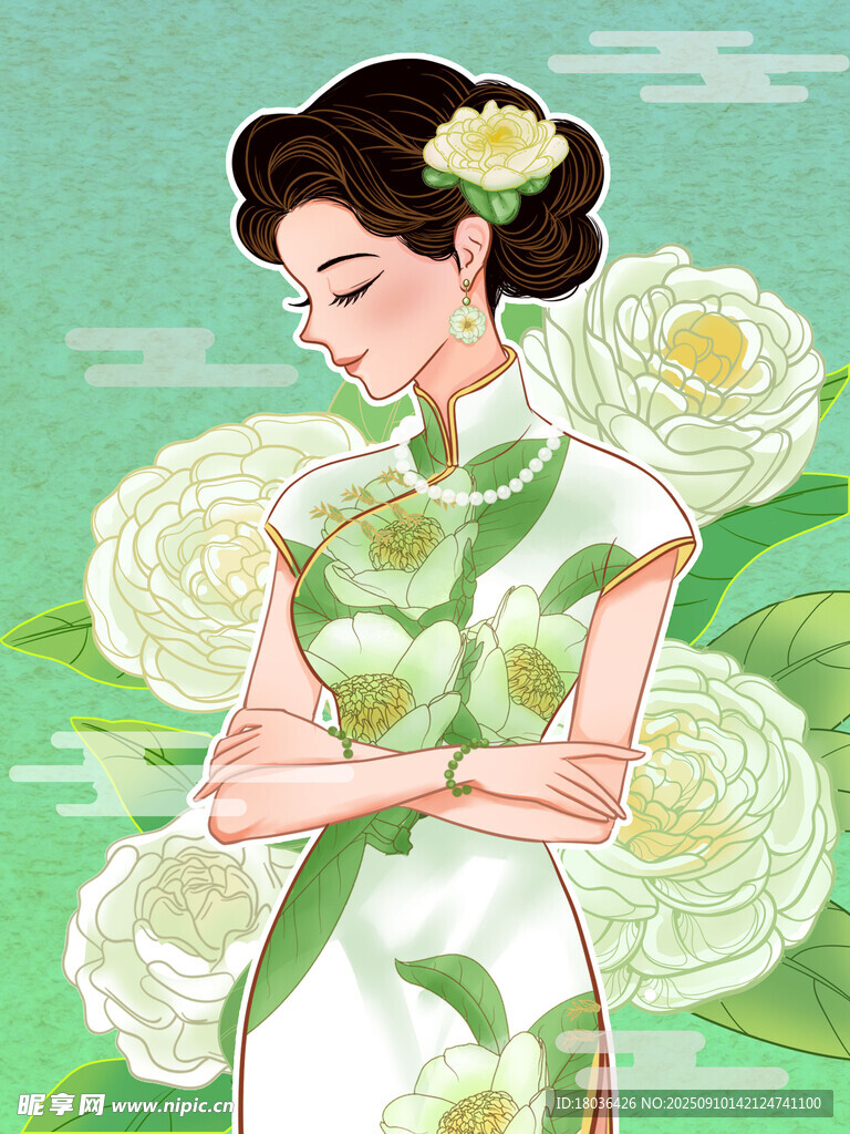 旗袍女子置身繁花中手繪插畫