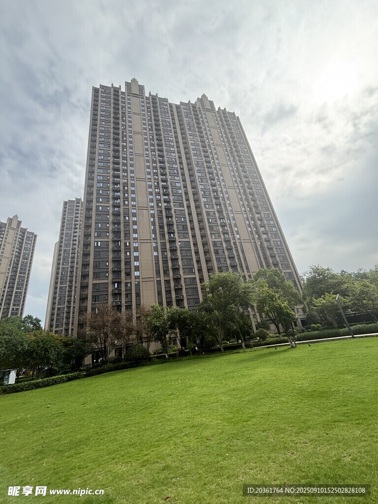 城市草地旁的高樓景觀
