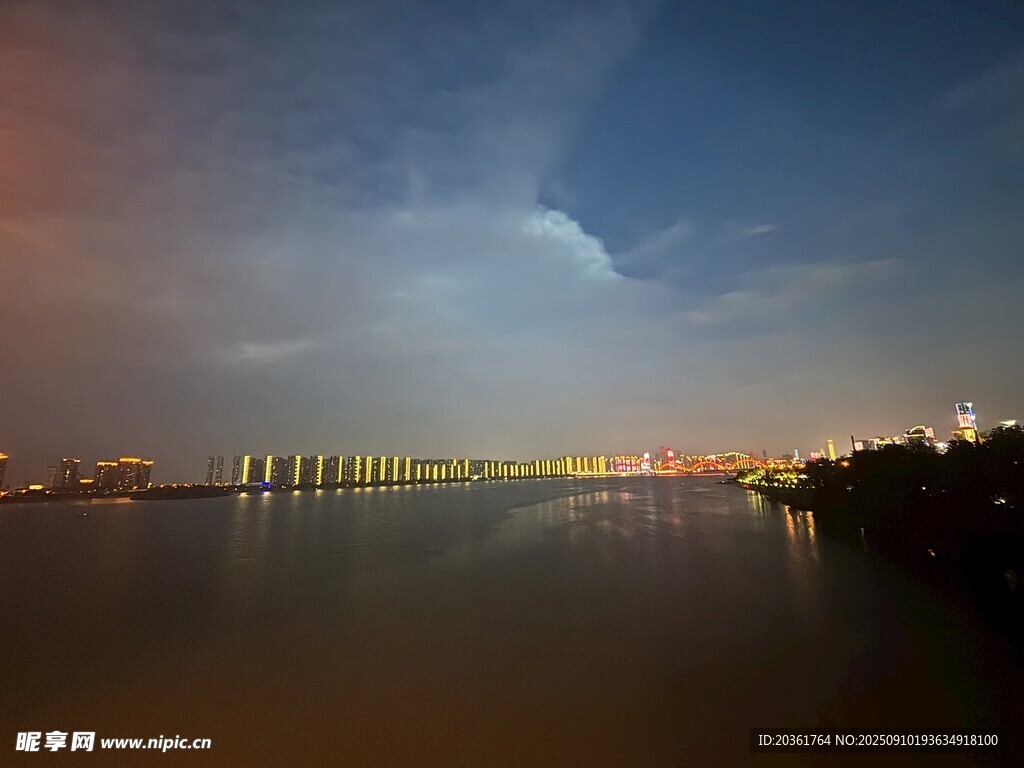 城市湖畔黃昏美麗夜景