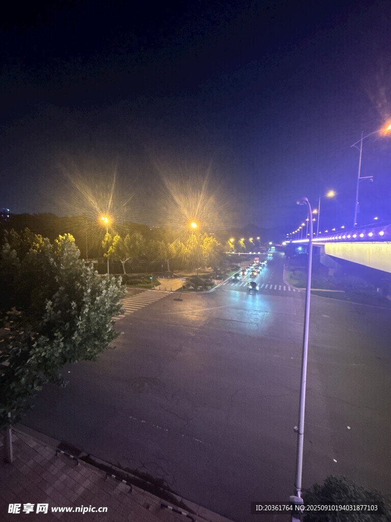 城市夜間積水路段景象