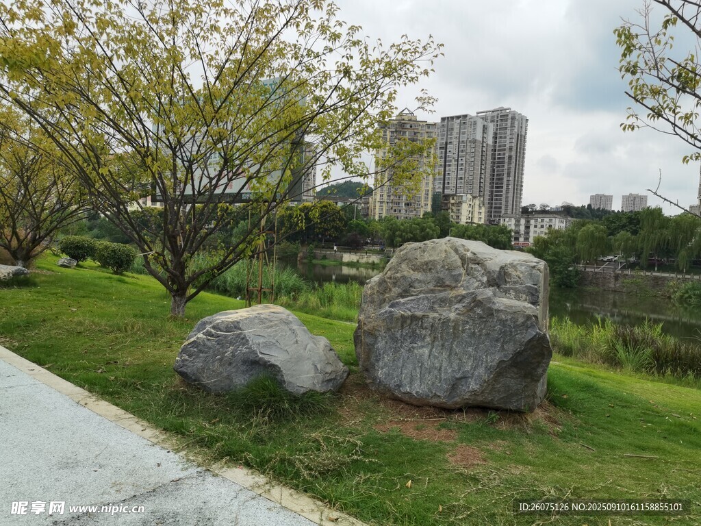 路邊巨石與城市景觀