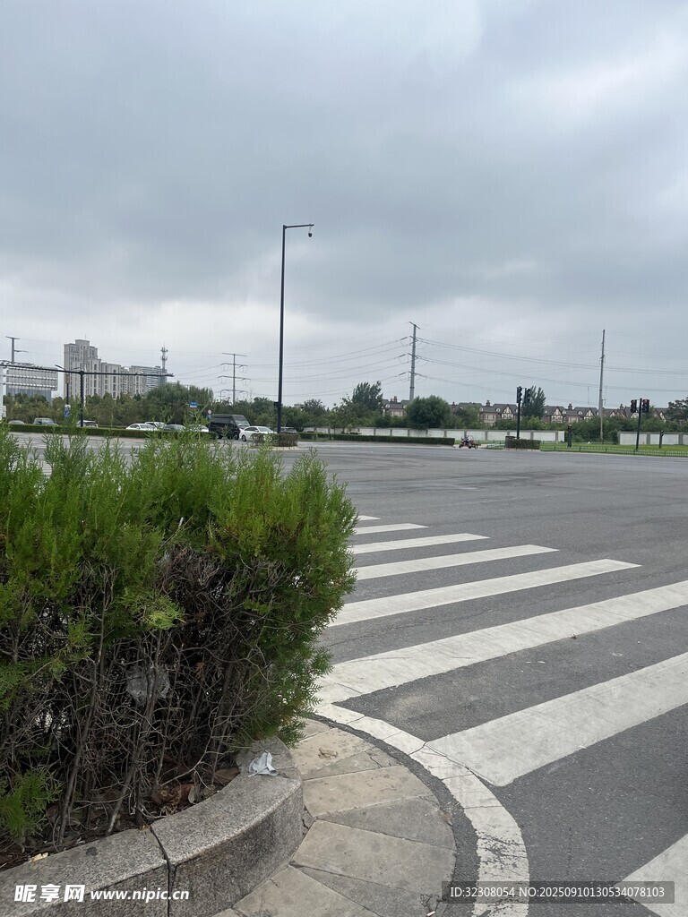 城市道路旁的斑馬線景觀