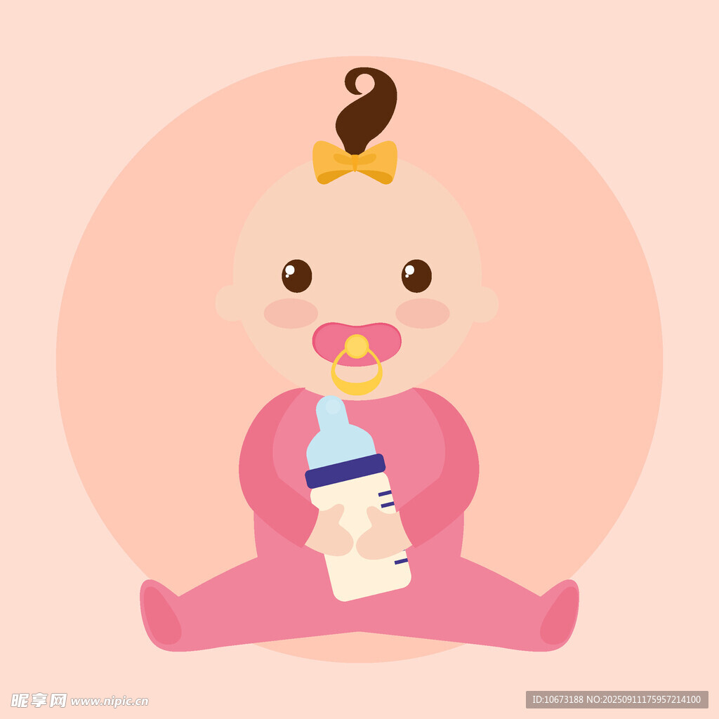 可愛嬰兒手持奶瓶坐立