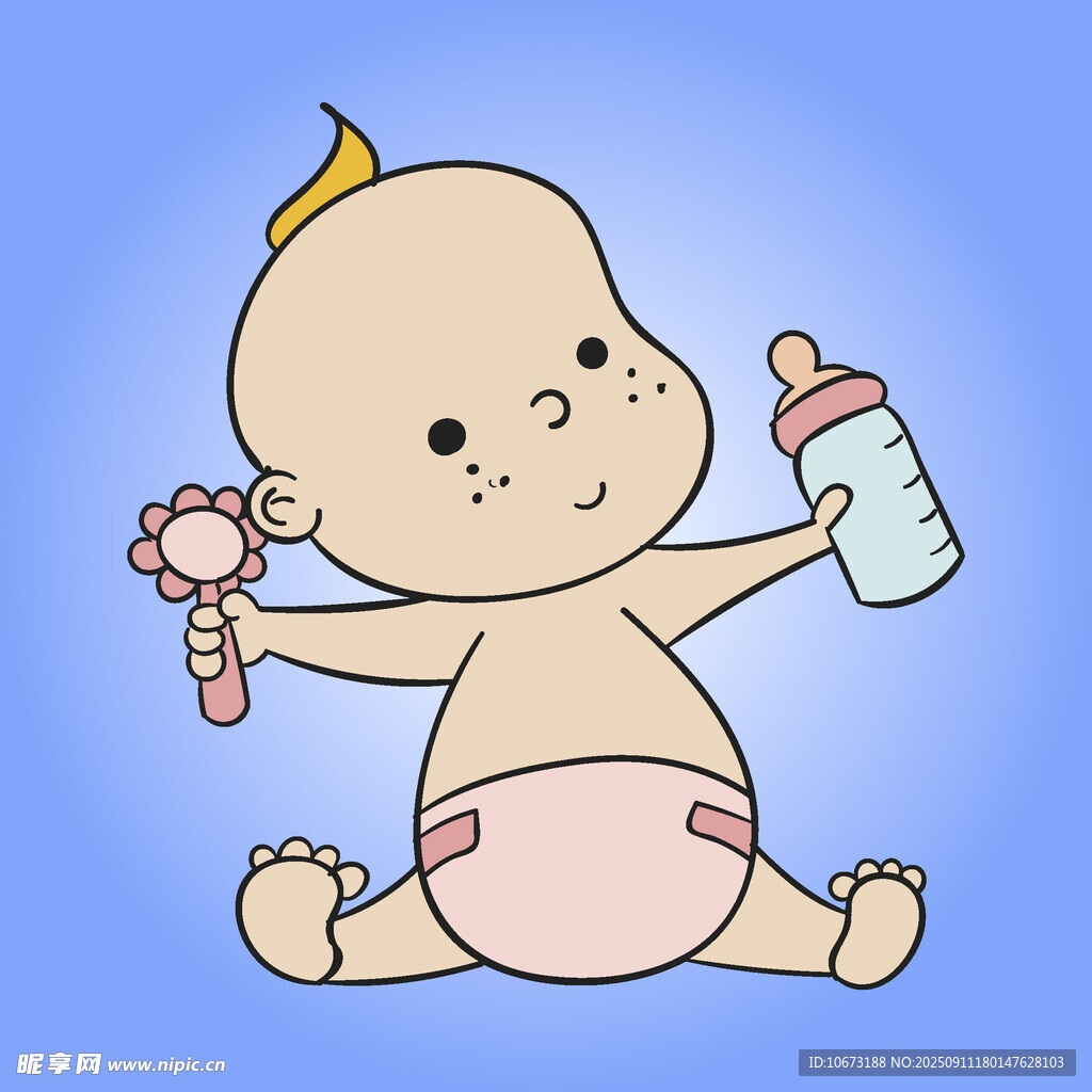 可愛寶寶手持奶瓶與搖鈴