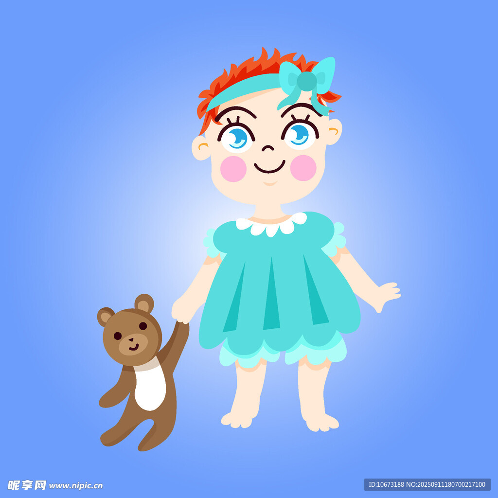 穿藍(lán)裙的可愛小女孩與小熊