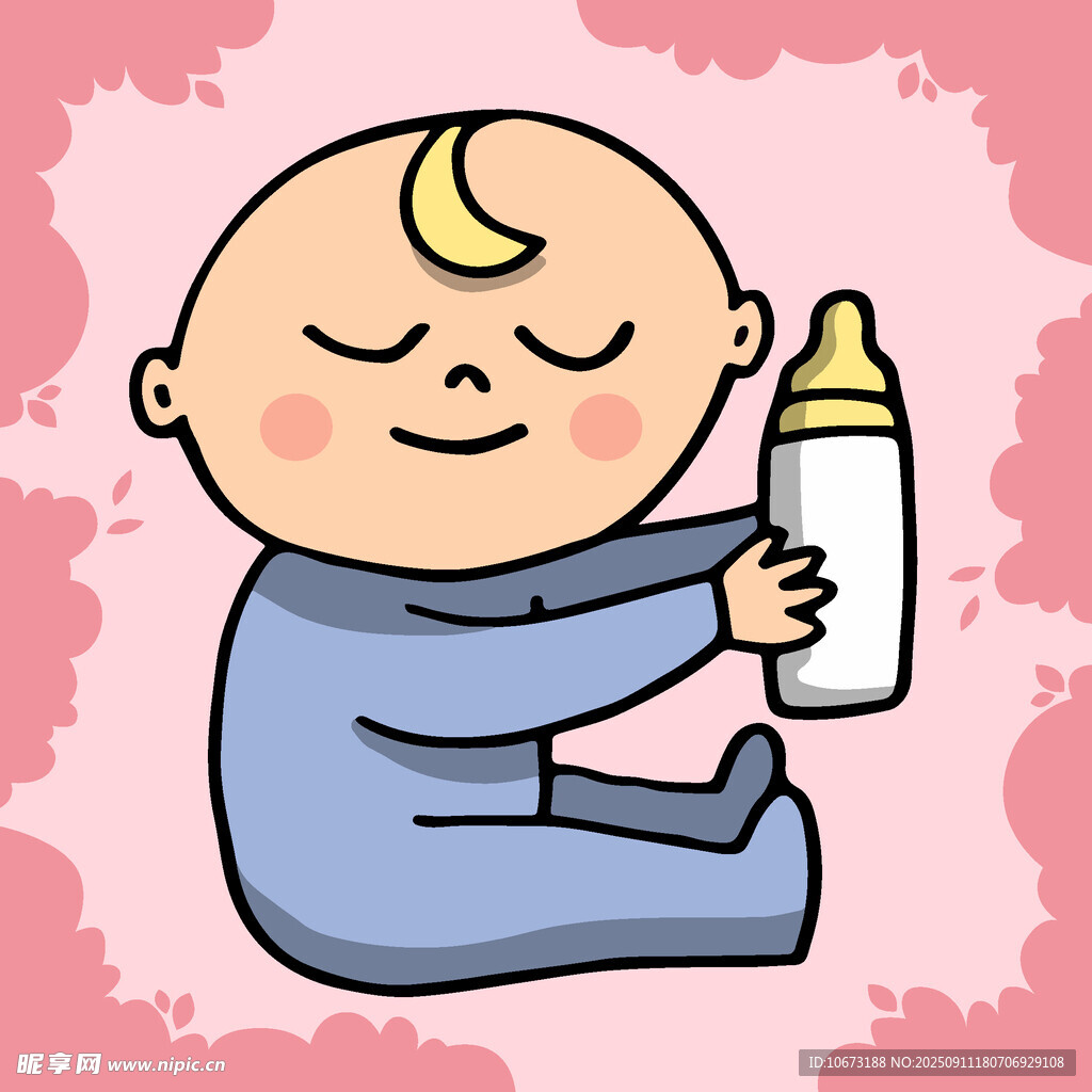 可愛寶寶手持奶瓶笑