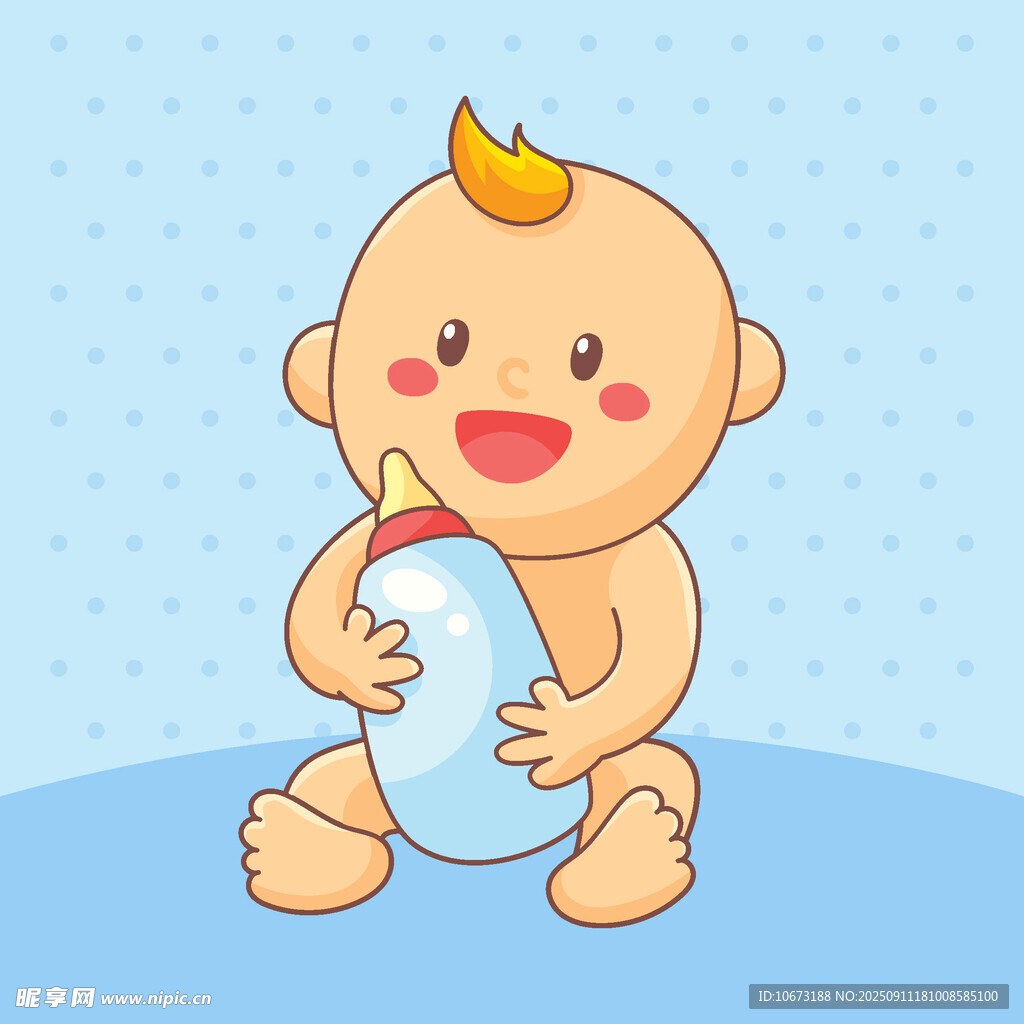 可愛寶寶手持奶瓶開心笑