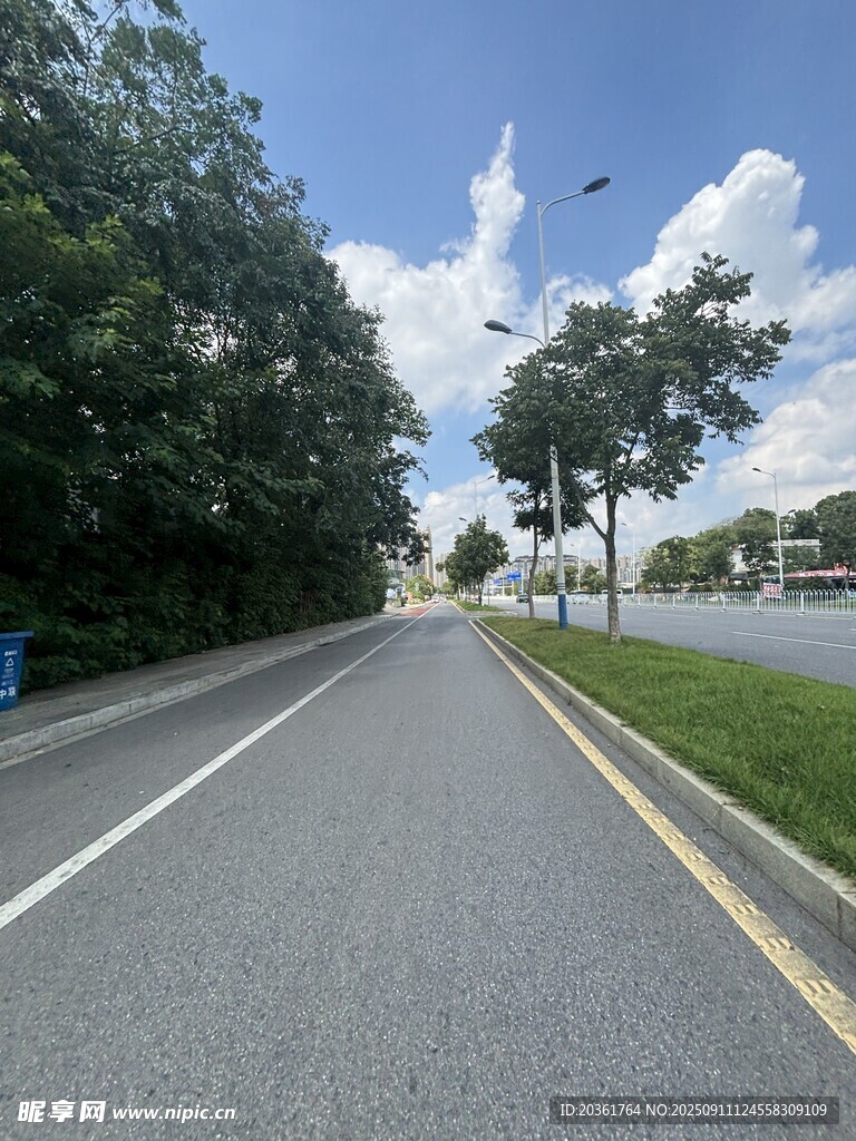 寬闊道路旁綠樹(shù)藍(lán)天