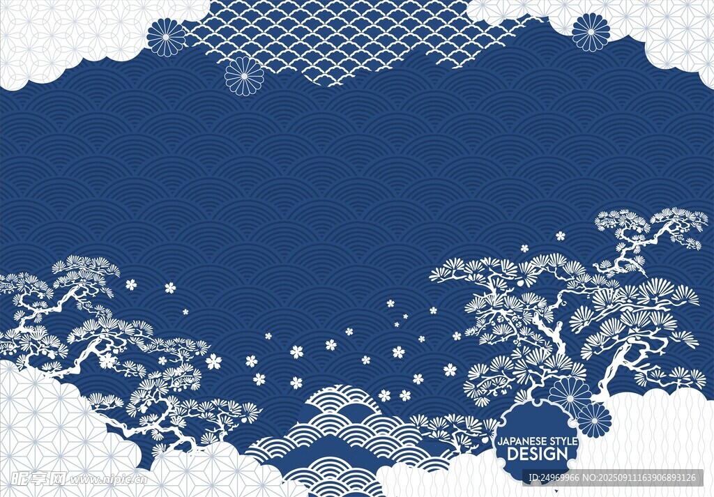 日式藍白和風邊框圖案