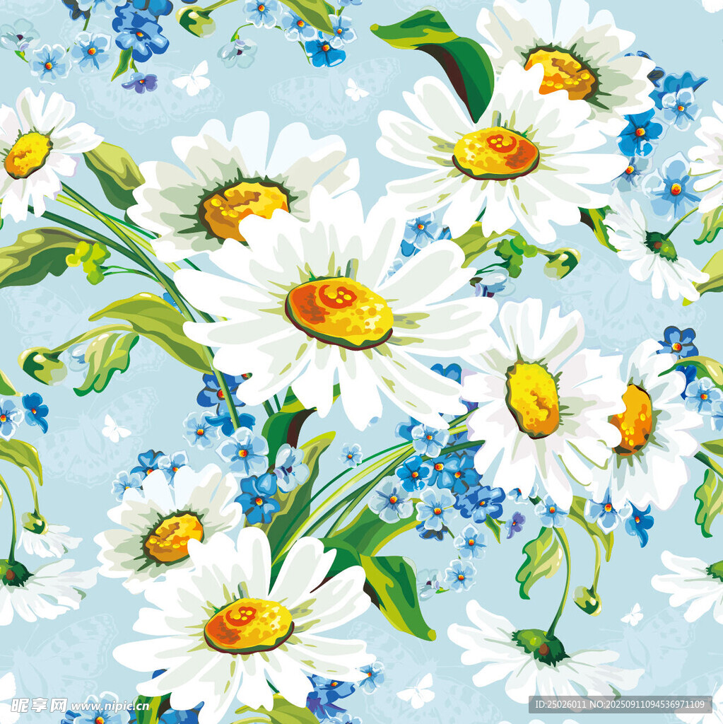 清新雛菊藍(lán)花花卉圖案