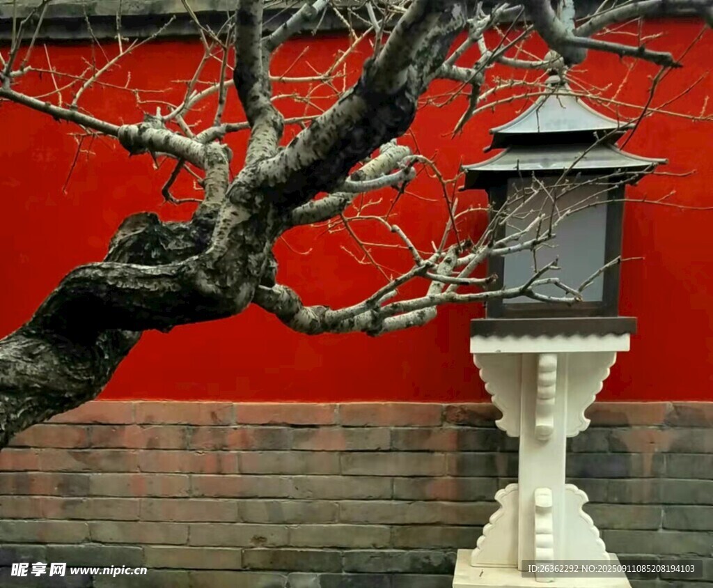 紅墻旁的古樸中式燈柱