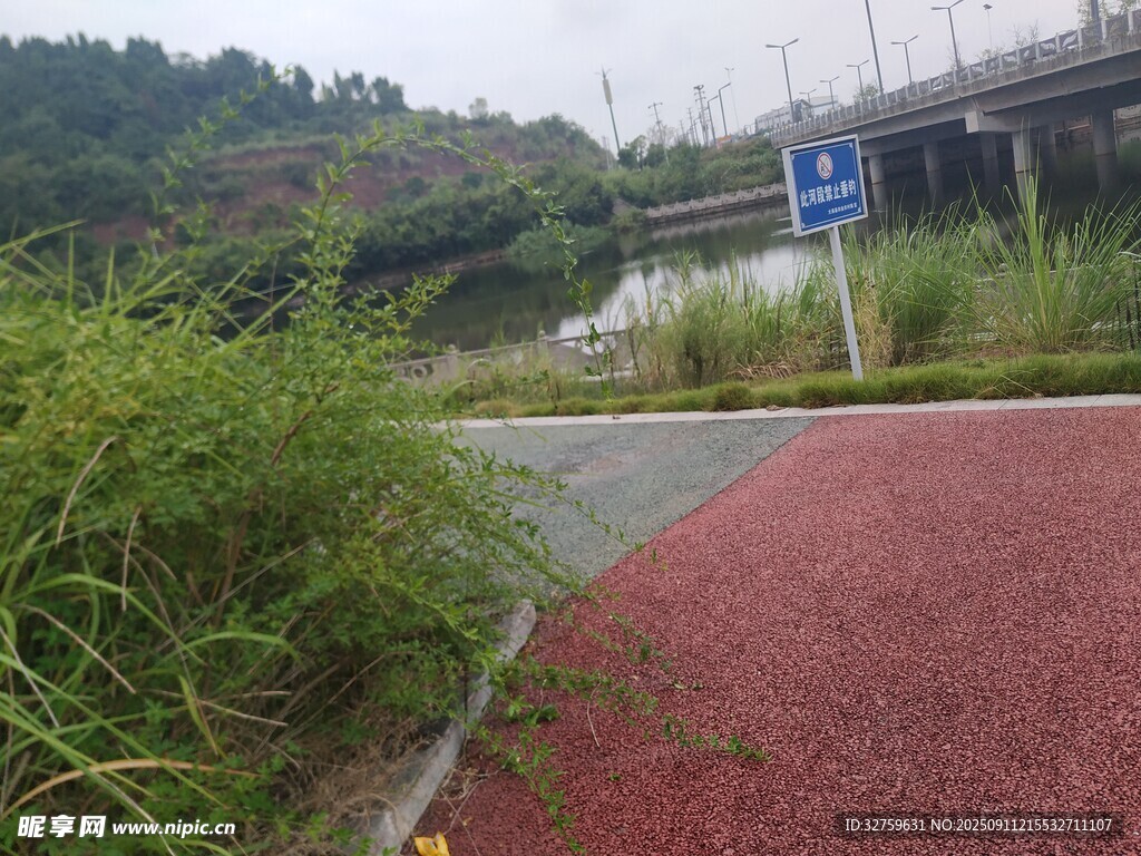 紅色步道旁的綠植與橋梁