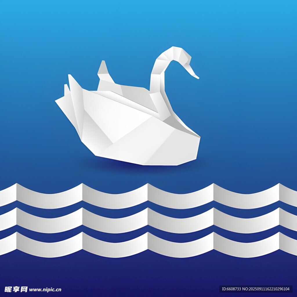 紙藝天鵝浮于藍(lán)白波浪間