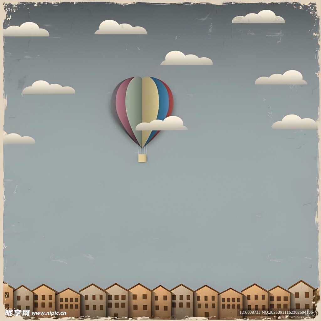 天空下的熱氣球與房屋