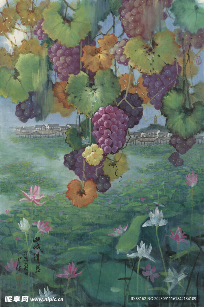 葡萄藤蔓下的花卉景致