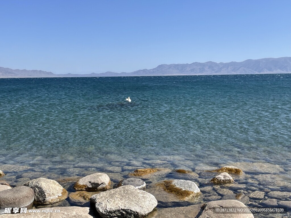 賽里木湖石灘 澄澈碧海藍天